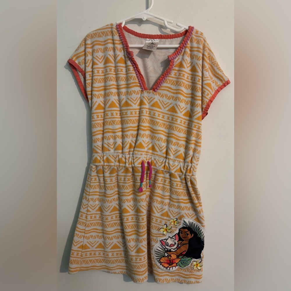 Disney Moana Girls Yellow White Pink Terry Swim Coverup Dress‎ Sz 9-10 Geometric